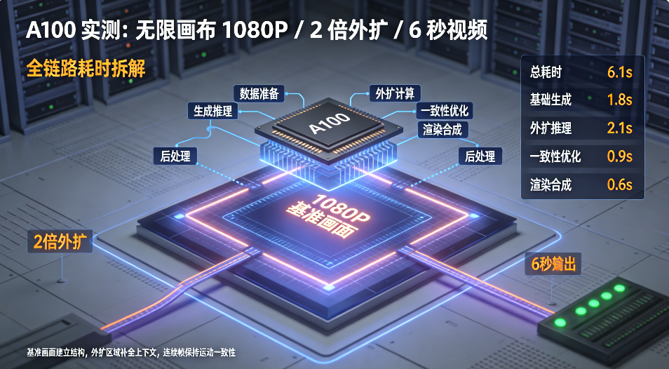 A100 实测：无限画布 1080P / 2 倍外扩 / 6 秒视频，全链路耗时拆解