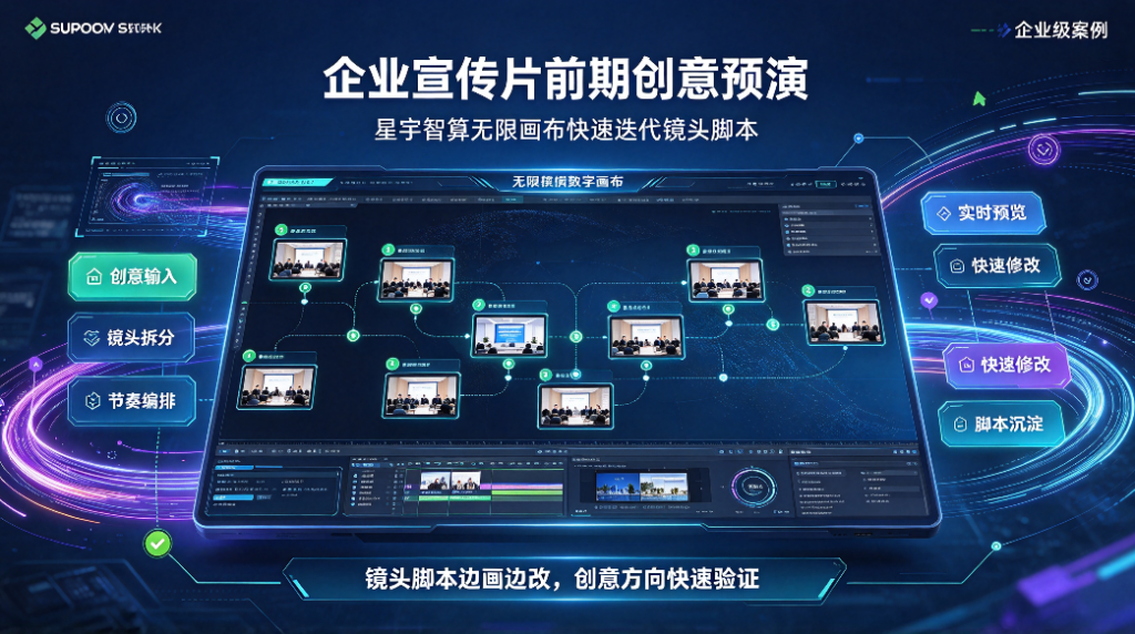 企业宣传片前期创意预演，星宇智算无限画布快速迭代镜头脚本